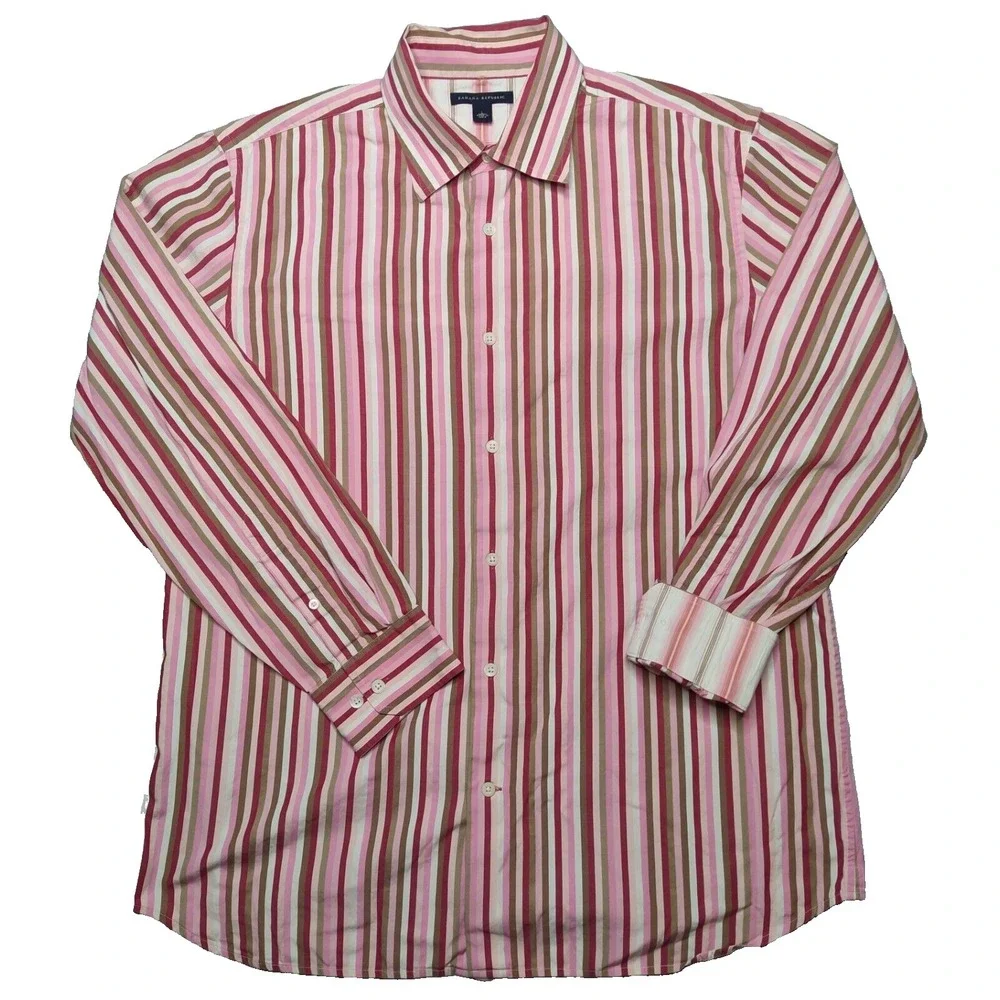 BANANA REPUBLIC Men Large Pink Striped Cotton Flip Cuff Button Shirt